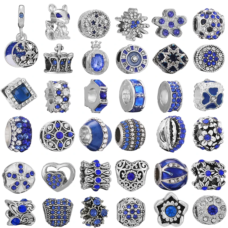 

2Pcs/Lot Shiny Blue Crystal Fox&Crown Heart Charm Beads Pendant Fit Original Brand Bracelets Necklace For Women Jewelry Making