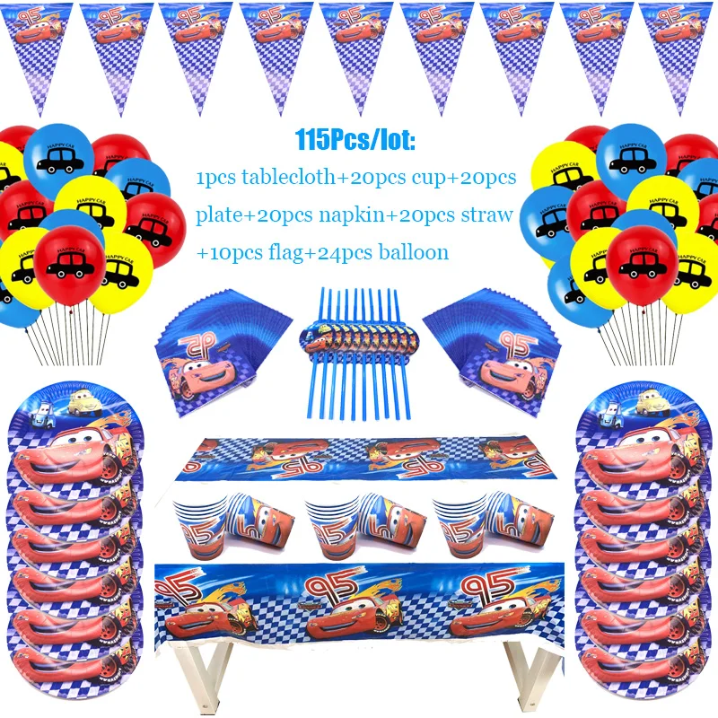 

115Pcs/Lot Cars Theme Disposable Tableware Sets Kids Birthday Party Decoration Children's Day Event Supplies For 10 People