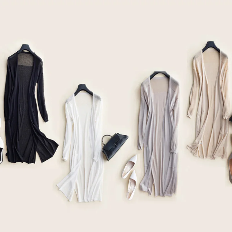 

2021 Summer Women Long Knitted Cardigan Fashion Solid Color Thin Ice Silk Outerwear Female Air Conditioner Sunscreen Cardigans