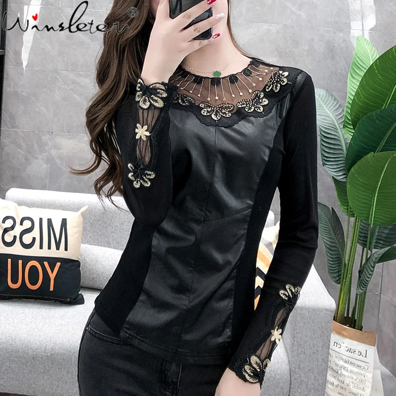 

Винтажная Элегантная футболка с длинным рукавом, сетчатая марлевая футболка в стиле пэчворк из искусственной кожи, осенняя флисовая женска...