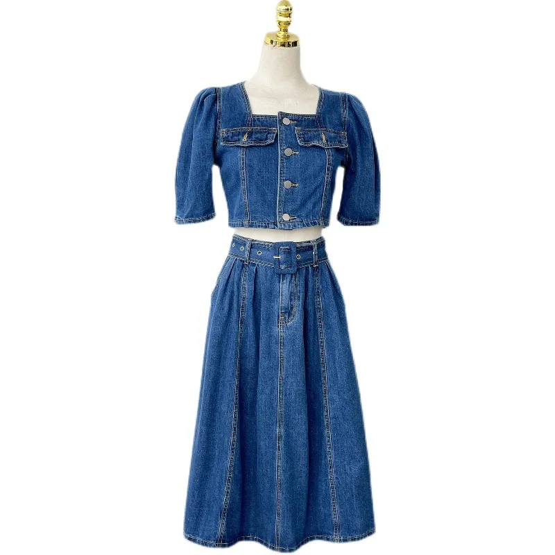 Fashion lady short sleeves slim high waist denim long dress square collar