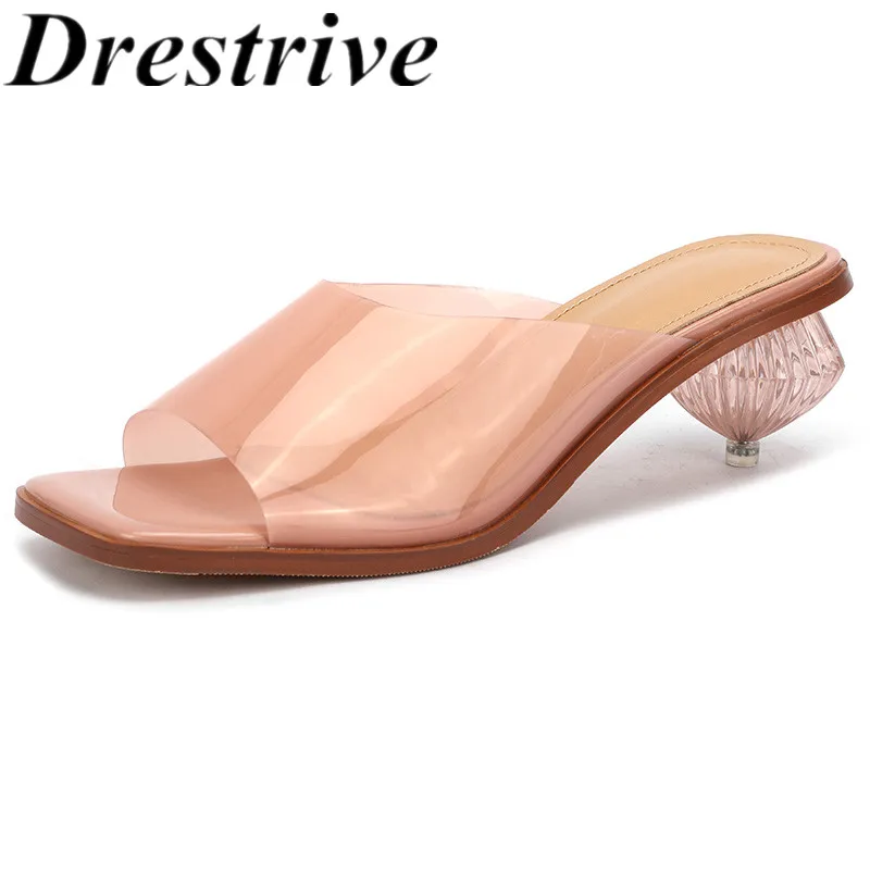 

Drestrive 2020 Summer PVC Women's Sandals Square Toe Mid Heels Fashion Transparent Outside Girls Slippers Strange Heel