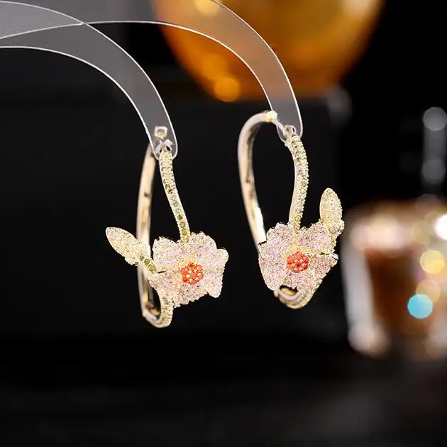 

2021 new flower earrings luxury high-end temperament three-dimensional camellia large hoop eardrop for women