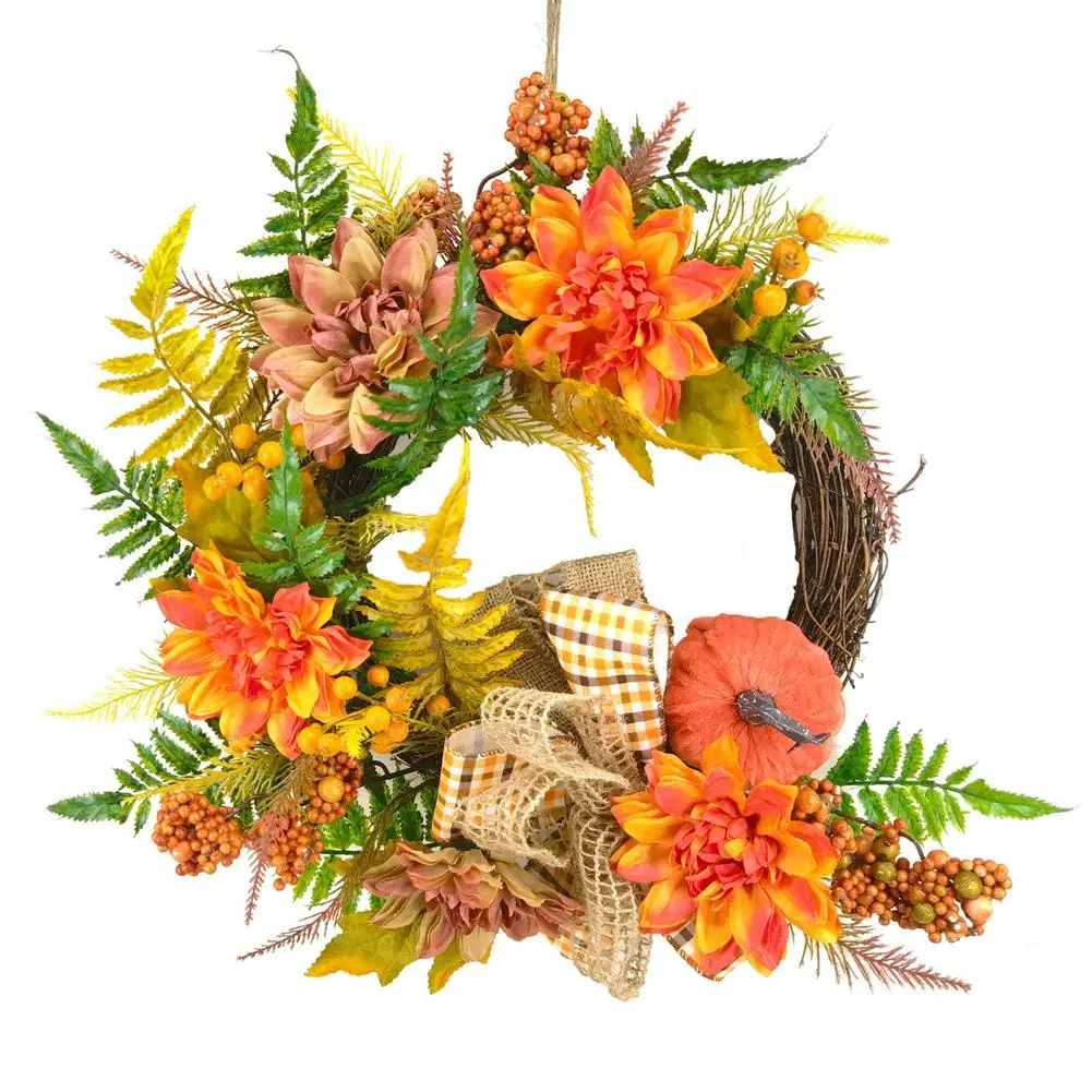 

Large Fall Dahlia & Pumpkin Wreath For Autumn Front Door Window Wall Home Decoration