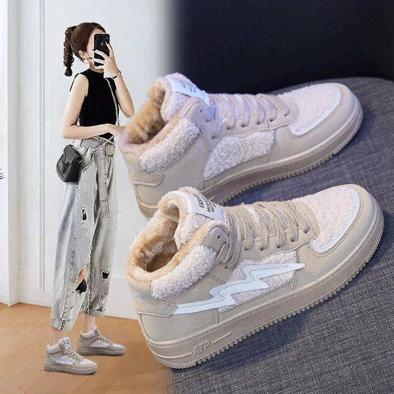 

Winter Women Plush Chunky Sneakers Korean Students Thick Bottom Fur Casual Sports Board Shoes High Tops Shoes