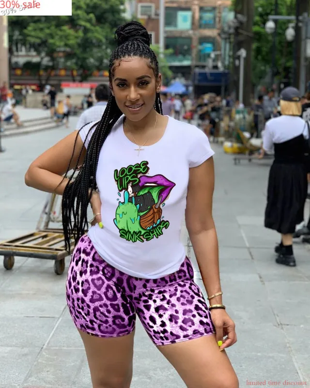 2020 Summer 2 Piece Set Biker Shorts Clothes Women Printed Cartoon T Shirt Tops Leopard Tracksuits Jogger |