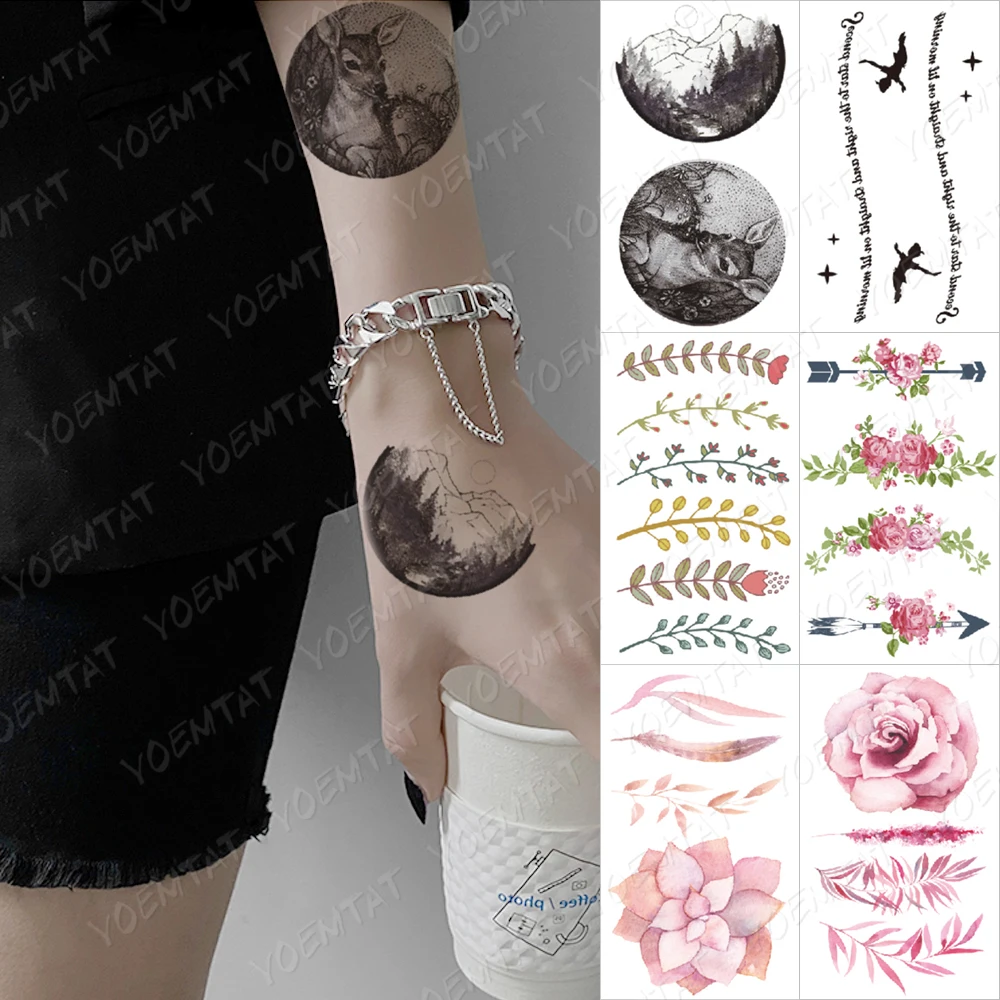 

Waterproof Temporary Tattoo Sticker Deer Forest Rose Flower Flash Tatto Woman Body Art Water Transfer Fake Tatoo Children Kids