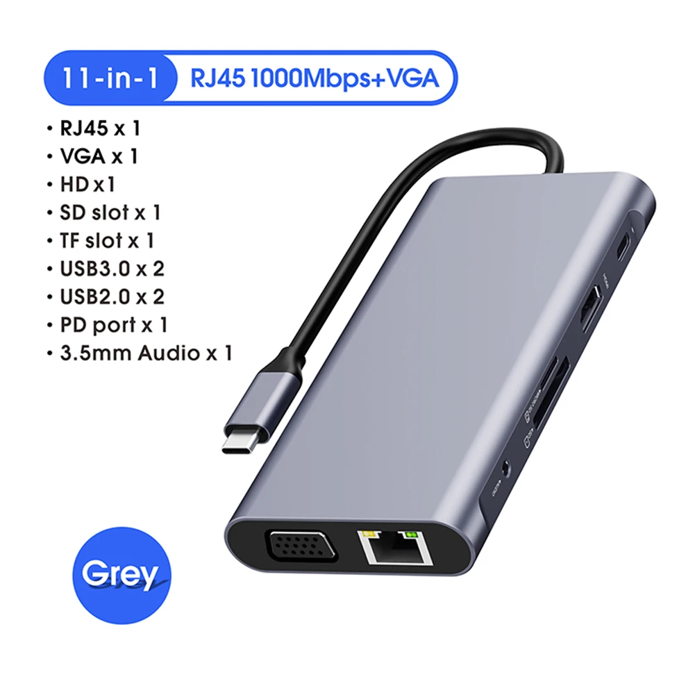 

11 in 1 Type-C USB C to HDMI Hub with TF Memory VGA USB 3.0 Port Splitter Laptop Apple MacBook HP Lenovo Extension Adapter Dock