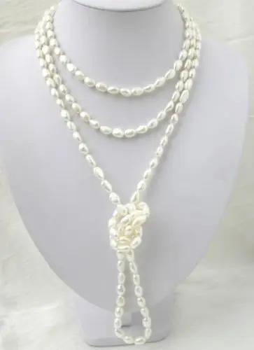 

Beautiful wholesale 7-8mm natural white freshwater cultured pearl rice barrel shape beads necklace for women chain 80"BV387