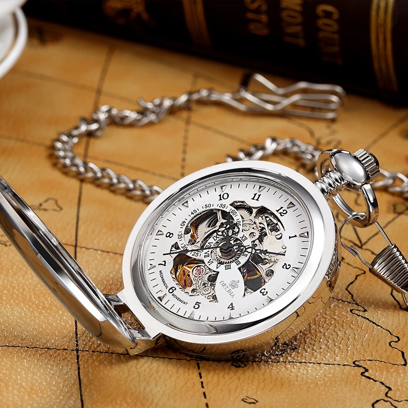 Gorben Golden Mechanical Pocket Watch Men Fashion Retro Casual Skeleton Dial Silver Hand Wind Male Fob Chain Watches