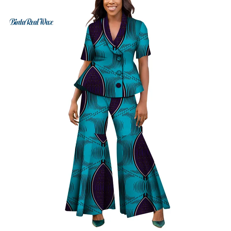 

Office Women African Clothing Print Top Shirt and Pants with Ties Bazin Riche 2 Pieces Pants Sets Dashiki African Clothes WY4669
