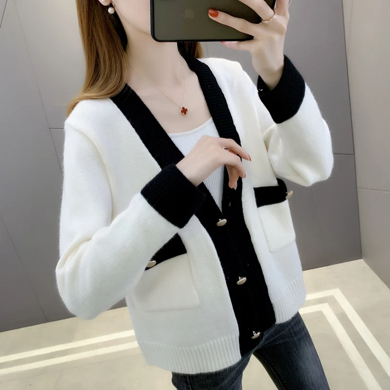 

В комнате 200471, 6 ряд 7] пленка сочетающихся цветов Длинные рукава v-образным вырезом с большими карманами вязание кардиган 59