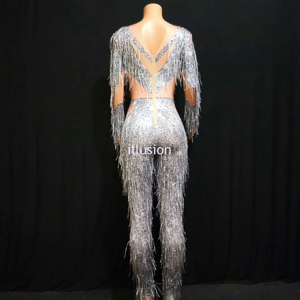 Новинка 2019 женский комбинезон с кисточками блестящая танцевальная одежда стразы