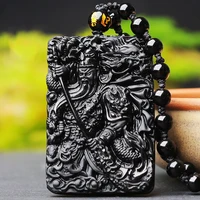 natural black obsidian guanyu jade pendant necklace hand carved chinese fashion jewelry charm amulet accessories for men gifts
