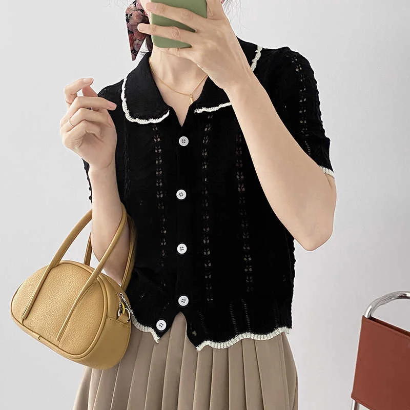 

Korean Version Hollow Out Small Lapel Knitted Shirt Short Sleeve Women's Solid Color 2021 Summer Fashion Top E493