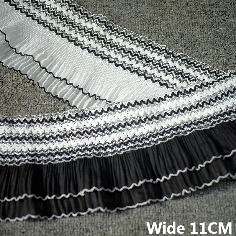 

11CM Wide White Black Double Layers Chiffon Fabric Stretch Lace Embroidered Ribbon Elastic Ruffle Trim DIY Garment Sewing Decor