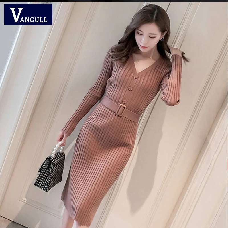 Женское трикотажное платье Vangull однотонное облегающее с длинным рукавом и v
