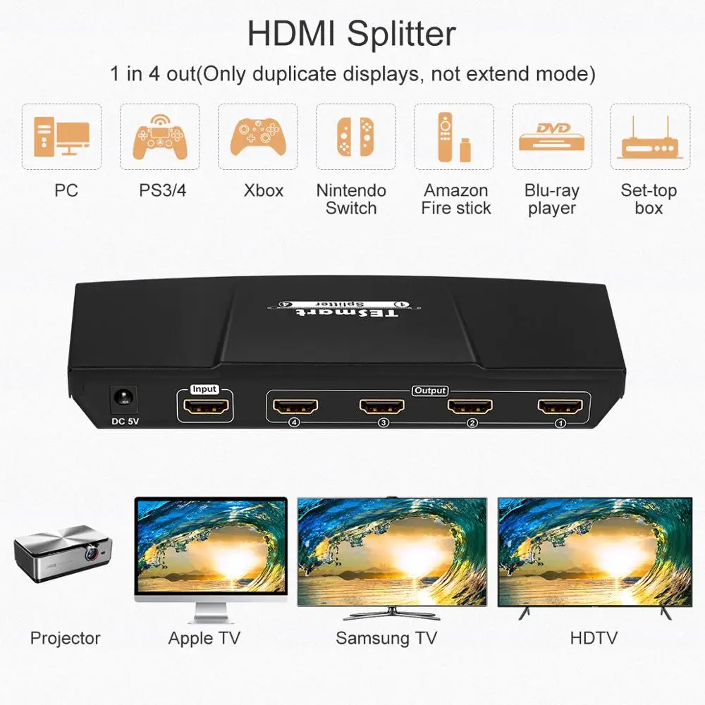 Разветвитель HDMI цветной высококачественный Переключатель Ultra HD 4K 1x4 с адаптером
