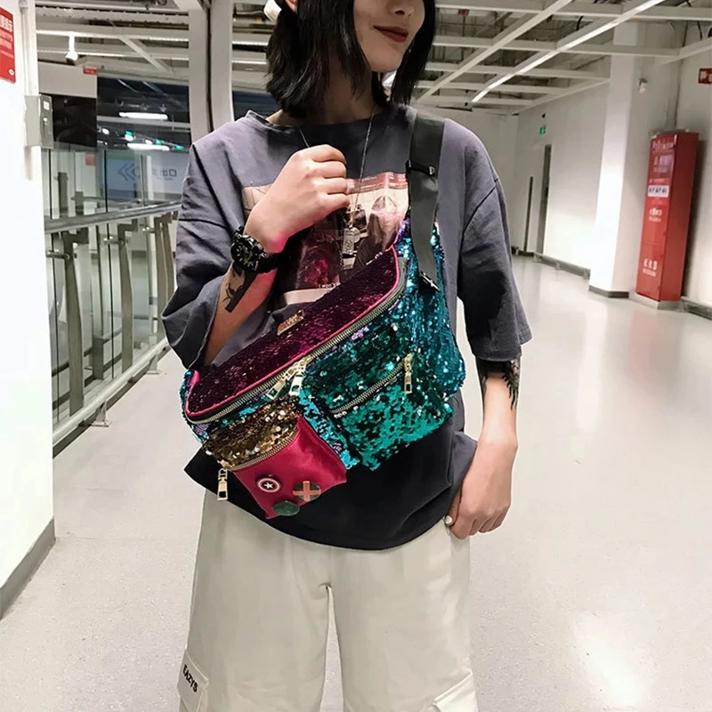 

2021 New Female Bag Double Color Sequins Waist Bag Multiple Pockets Hip Bag Large Capacity Banana Bag Soft side Woman Bum Bag