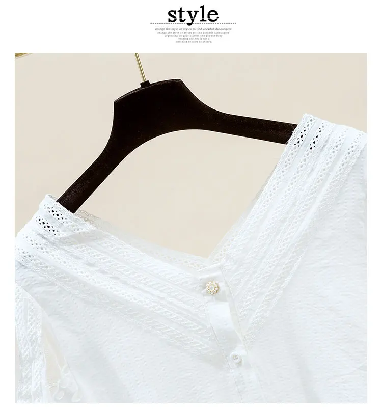 

2021 Summer French Hollow V-neck White Women Shirt Chiffon Short-Sleeved Ladies Top New Fashion Simple Solid Pullover Blouses