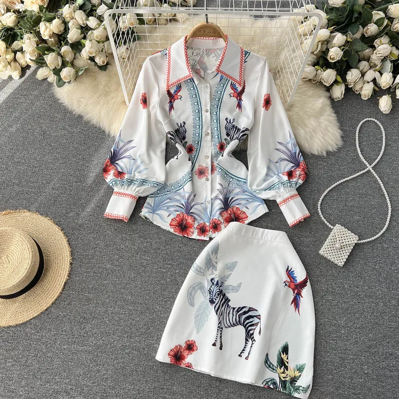

Fashion Designer Spring Summer New Women's Printed Suit Lantern Sleeve Blouse Shirt and High Waist A Line Mini Skirt 2 Piece Set