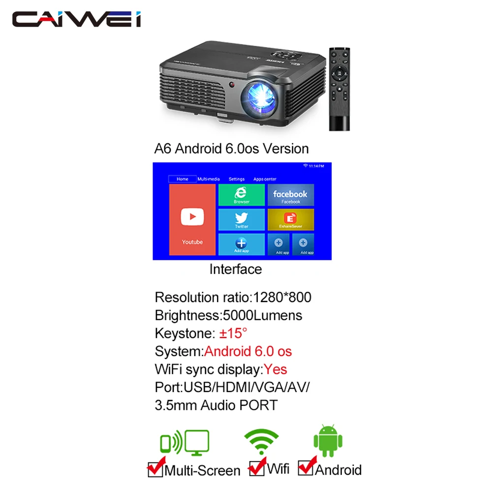 A6 Android Version Caiwei A6AB Full HD 1080p 5000 люмен Android 6,0 WiFi светодиодный проектор для домашнего кинотеатра проекторы ЖК-проектор HDMI USB проектор - Цвет: A6 Android Version