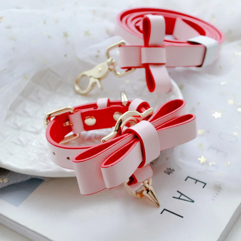 Кожаный ошейник для собак с бантом и заклепками поводок крыльями ангела кошек