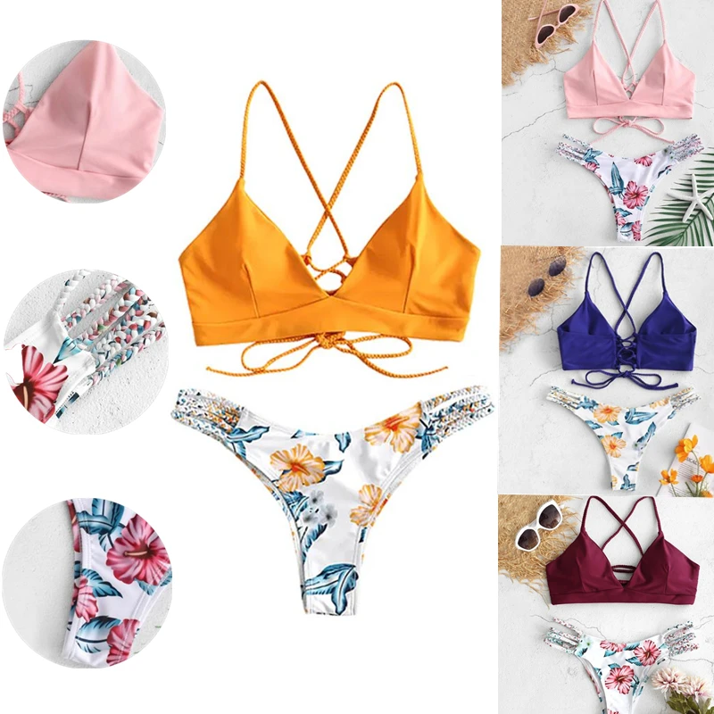 

Sexy Women Bra Set Flower Print Two Piece Swimsuit Sleeveless Swimwear Beachwear Off Shoulder Bra Suits Female Underwear Set