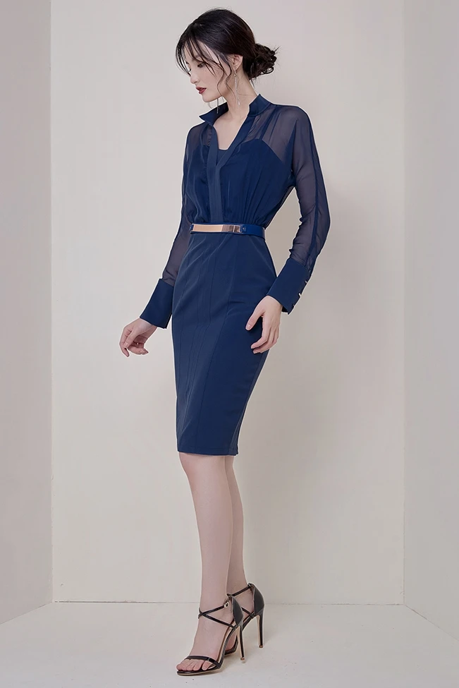 

COIGARSAM Office Lady Patchwork Women dress Spring Chiffon Dresses Dark Blue 899
