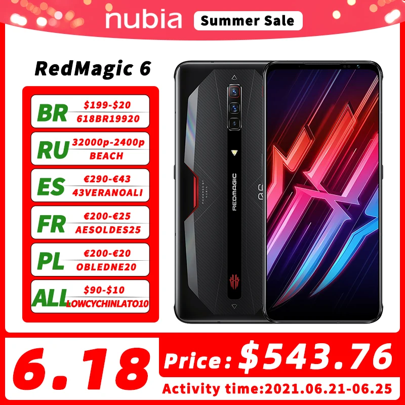 Nubia красный Магия 6 игровой смартфон глобальная версия 8 '飽 Гц активно матричные осид Snapdragon 888 Octa Core 30W