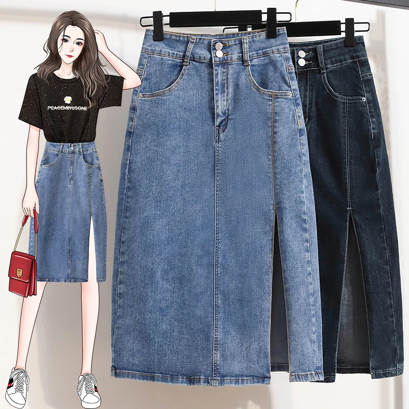 

Split Denim Midi Plus Size Oversized 5Xl Large Korean Fashion High-Waisted Vintage Summer Women'S Clothing Skirts Vetement 2021
