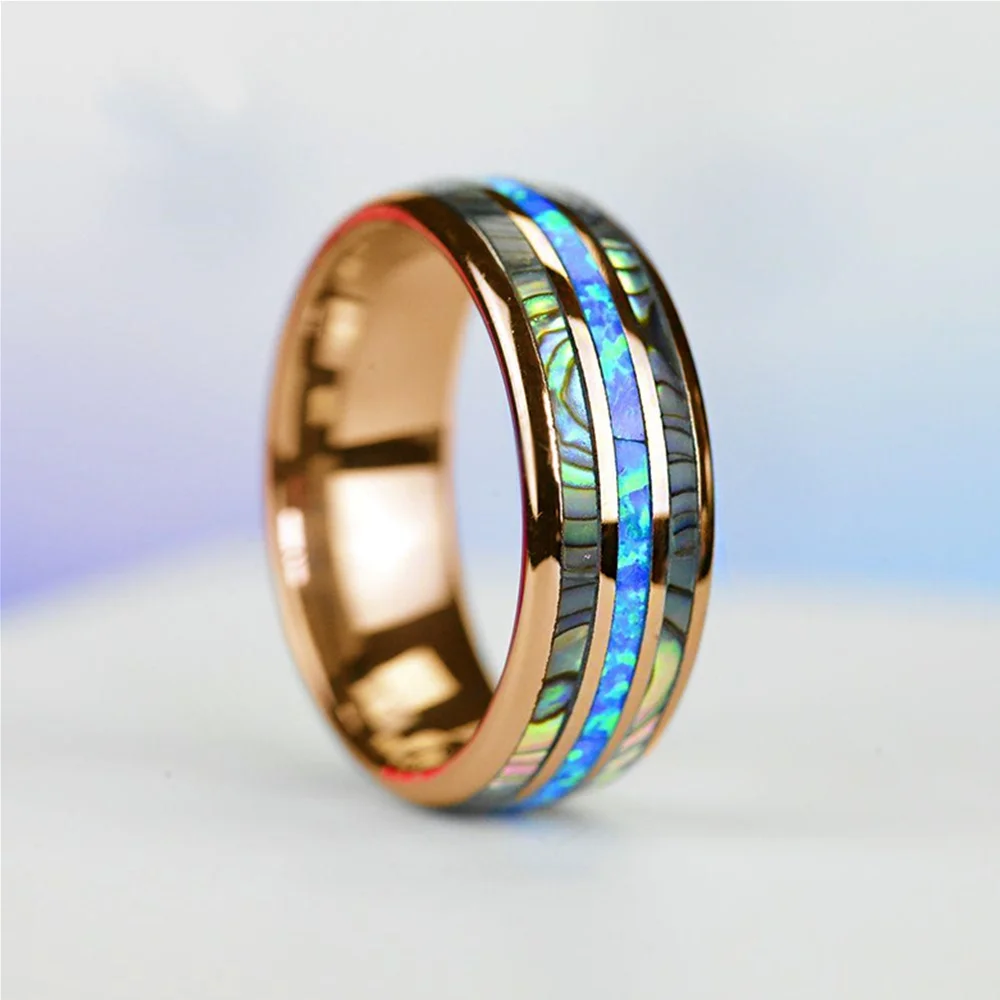 Fashion 8mm Rose Gold Color Tungsten Wedding Men Stainless Steel Rings Inlay Abalone Shell Blue Opal Rings Men Wedding Jewelry
