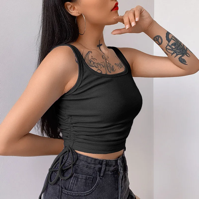 

DIRTYLILY Casual Ribbed Solid Bodycon Tank Top Women Sleeveless Drawstring Ruched Solid Crop Top Basic Summer Fashion Streetwear