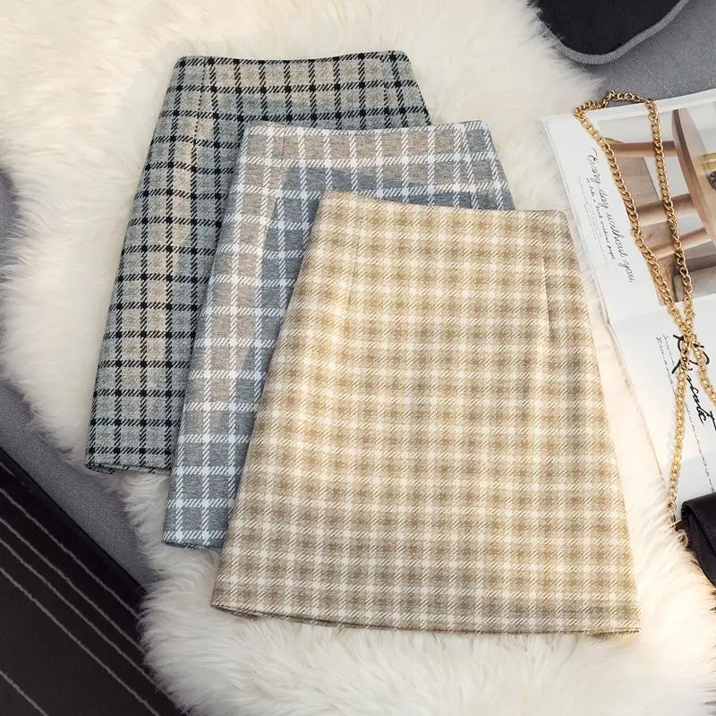 

Autumn 2020 Fashion Plaid Skirt Women High Waist Khaki Grey Black A-line Skirt