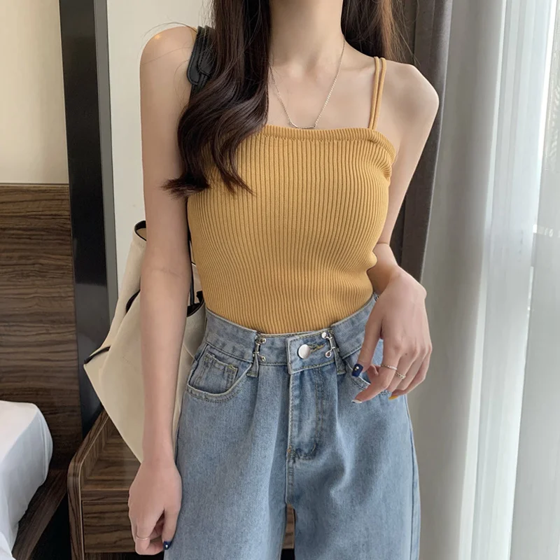 

Solid Color Knitted Camisole Women's Outer Wear Summer 2021 New Korean Style Internet Celebrity Short Bottoming Shirt Inner Wear