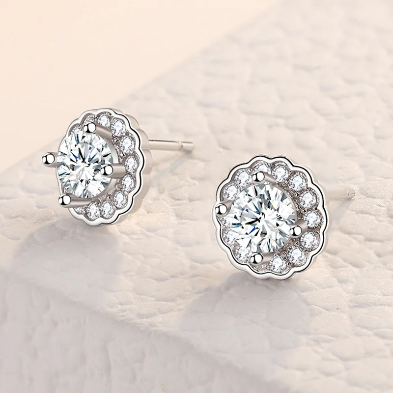 

925 Sterling Silver Crystal Flower Stud Earrings For Women Girls Engagement Wedding Fashion Jewelry Pendientes eh175