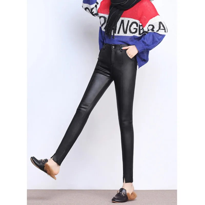 JUJULAND женские кожаные брюки зимние с высокой талией из искусственной кожи