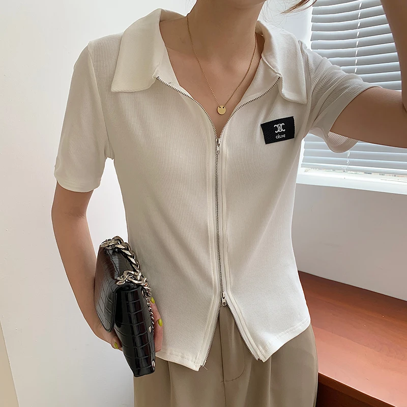 

short sleeve Polo T-shirt Women summer zipper design tops 20376#