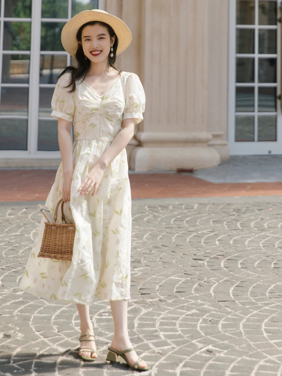 

Summer Vintage Fairy Dress Korean Design Embroidery Floral V-Neck Elegant Lady Long Dresses Retro Women Elbise Ropa Mujer Verano