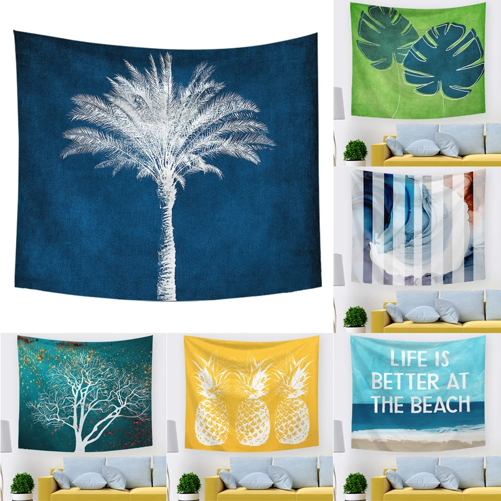 

Tropical Plant Coconut Monstera Tapestry Wall Hanging Fruit Pineapple Wall Cloth Fabric Blanket Dorm Art Home Decoration Blue