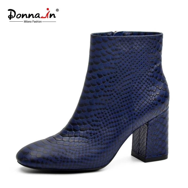 Donna-in/; Новые ботильоны; пикантная женская обувь из змеиной кожи; ботинки из натуральной кожи с квадратным носком на высоком толстом каблуке с тиснением под питона