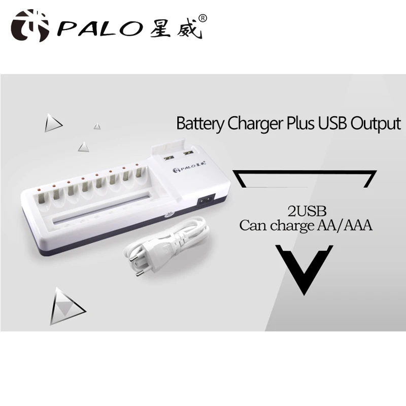 PALO 8 слотов быстрое зарядное устройство 2 гнезда USB Высокое качество зарядное устройство для аккумуляторов 1,2 в NI-CD Ni-MH AA AAA