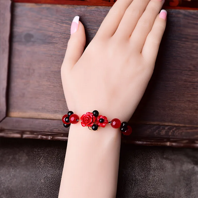Hand Knitted Vintage Black Onyx Beads Strand Bracelet Classical Cinnabar Synthetic Flower Charm Bracelets Woman Jewelry Gift | Украшения и