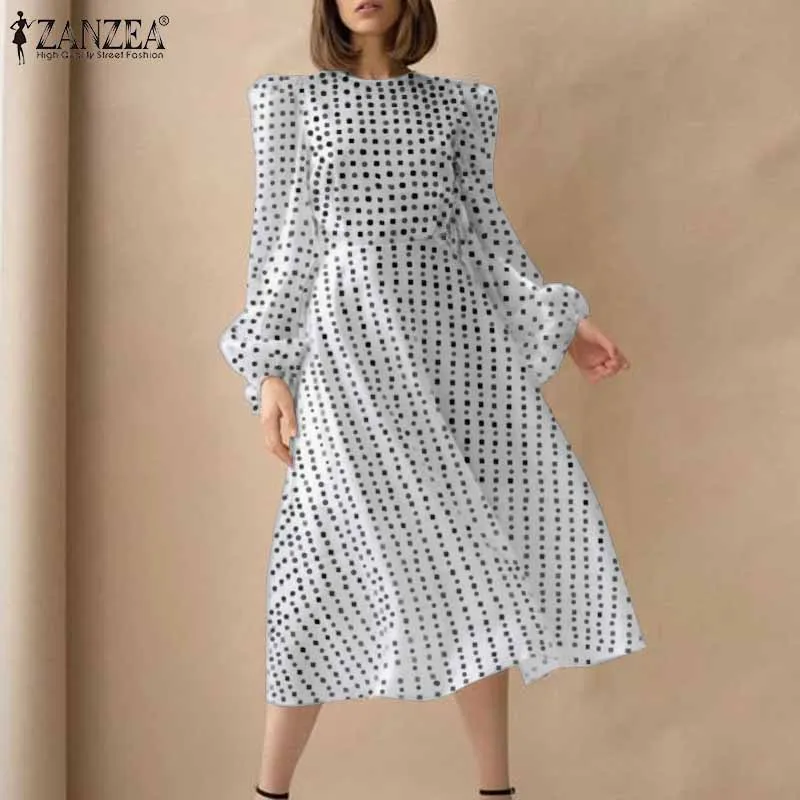 

ZANZEA Women Bohemian Polka Dots Printed Dresses 2021 Spring Autumn Puff Sleeve Midi Dress Vestidos Oversized Casual A-line Robe