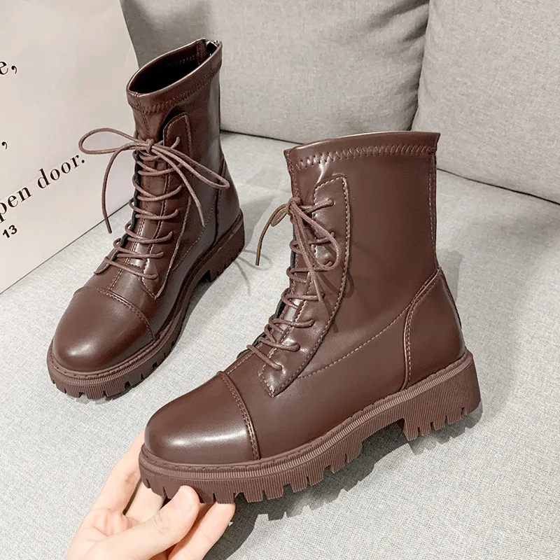 

Женские кожаные ботинки со шнуровкой, роскошная дизайнерская зимняя обувь с круглым носком, сапоги для женщин, сабо на платформе, модная обу...