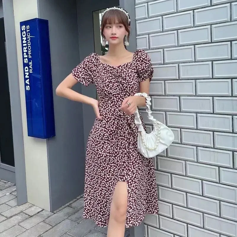 

Cherry Flower Chiffon Dress Female 2021 Summer French Square Neck Puff Sleeve Open Back Waist Split Temperament Long Skirt C25