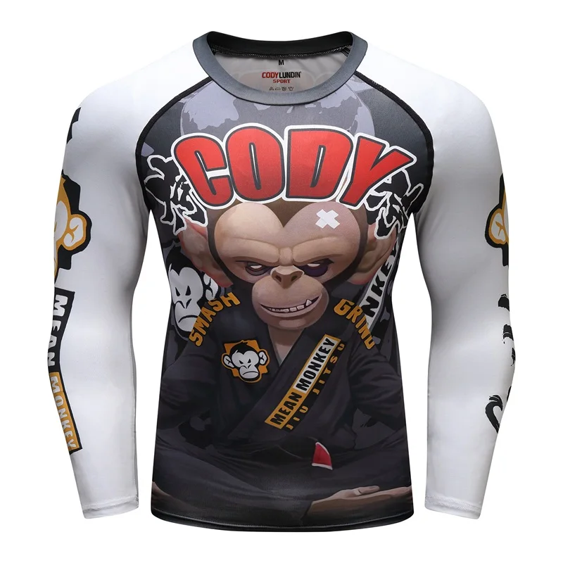 

Monkey New Men's Compression Tight Skin T Shirt MMA BJJ Long Sleeves 3D Prints Rash Guard Fitness Base Layer Male Tops Wear