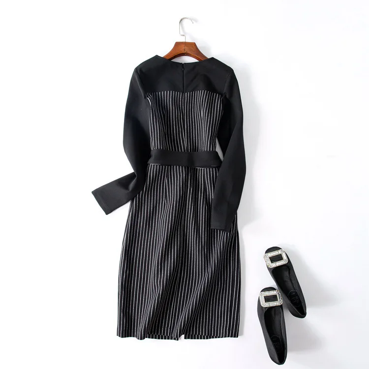 Женское платье в полоску с длинным рукавом кружевное средней длины|Женские