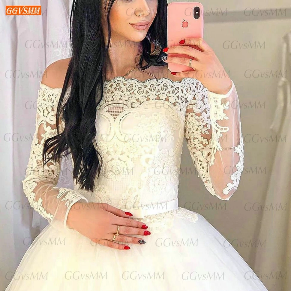 

Elegant Long Sleeves Wedding Dress White 2020 Robe De Mariage Lace Up Appliqu Ball Gown Bride Dresses Custom Made Abiti Da Sposa