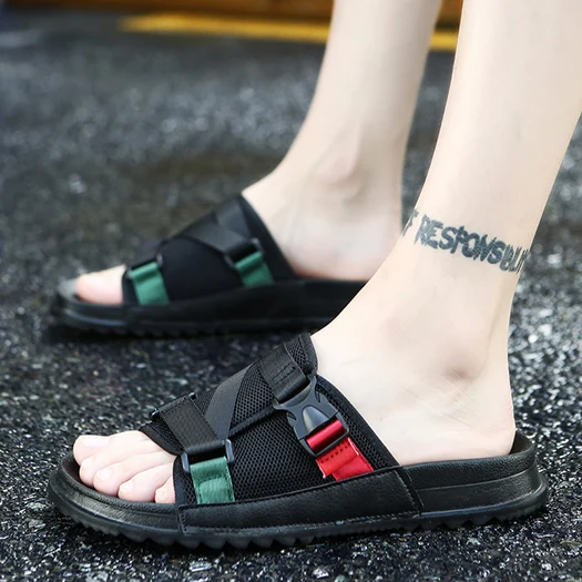 black 4 Кроссовки без шнуровки; красивые пляжные шлепанцы без задника; большие размеры 45; большие размеры 46; Повседневная Уличная Мужская обувь из сетчатого материала; летние спортивные черные сандалии; шлепанцы - Цвет: black 4